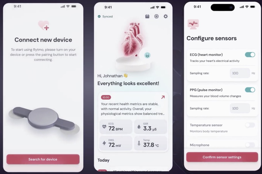 Rytmo app screens showing device connection, a health overview, and wearable sensor settings.